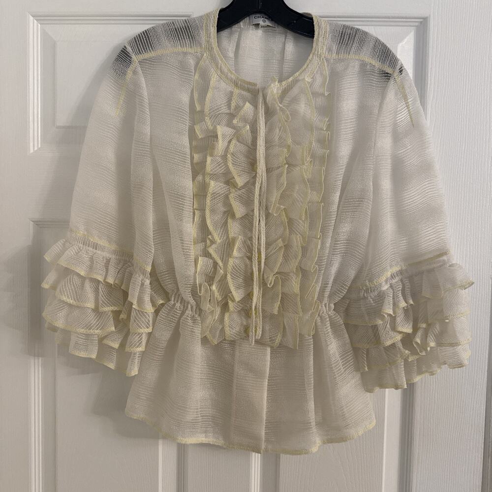 Chanel Runway White Sheer Silk Wool Ruffle Blouse Cardigan Jacket P61134 FR 38 6
